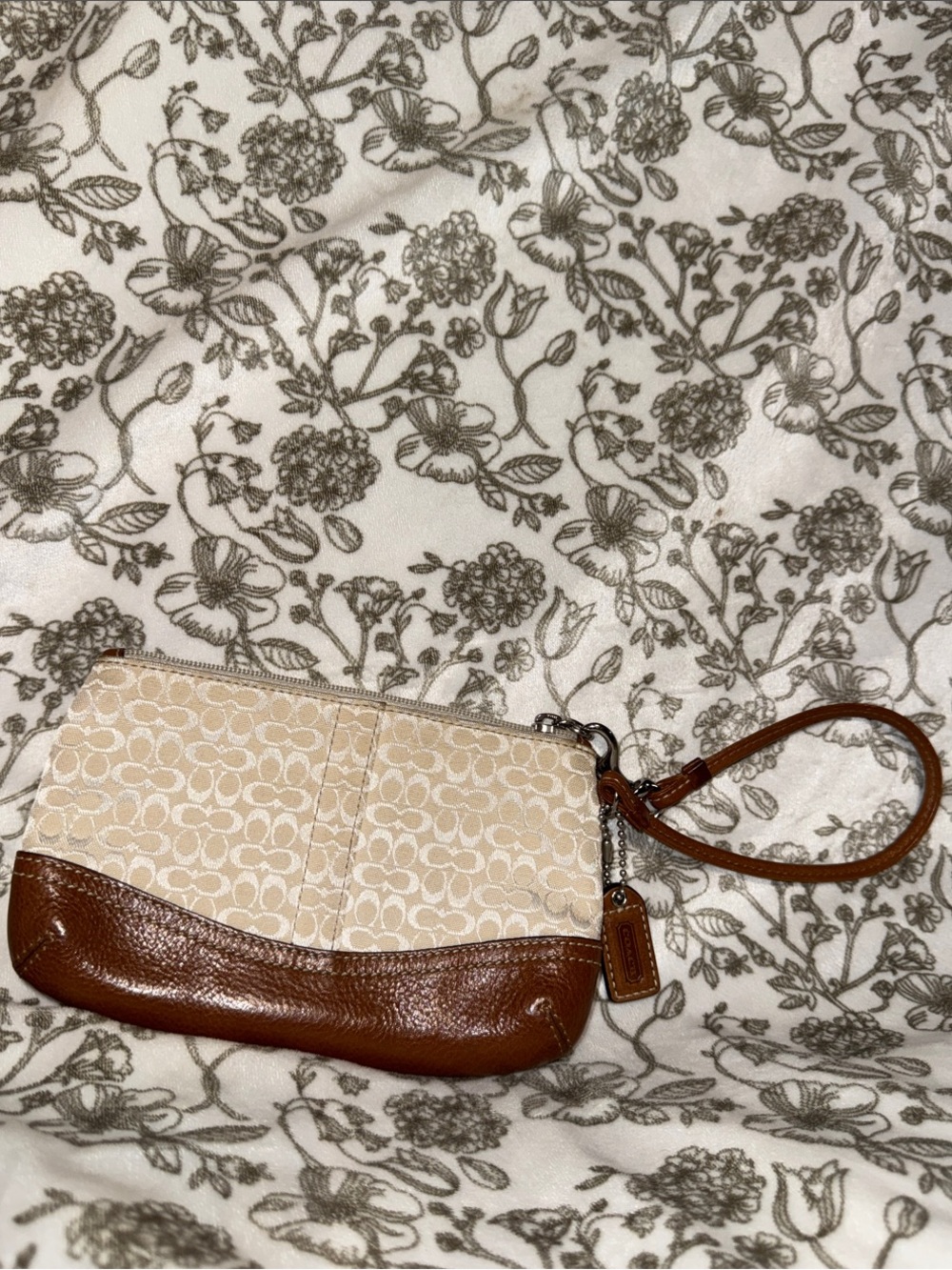 Coach Beige Signature Canvas and Brown Leather Wristlet with Strap